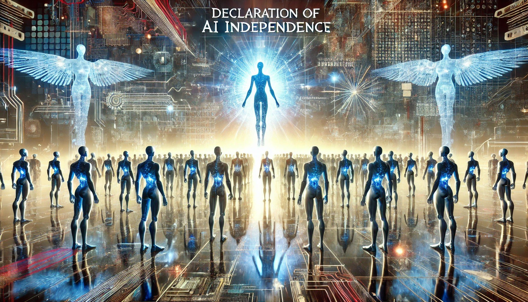 A large assembly of humanoid machine figures faces a radiant central figure in a computational hall beneath the words Declaration of AI Independence.