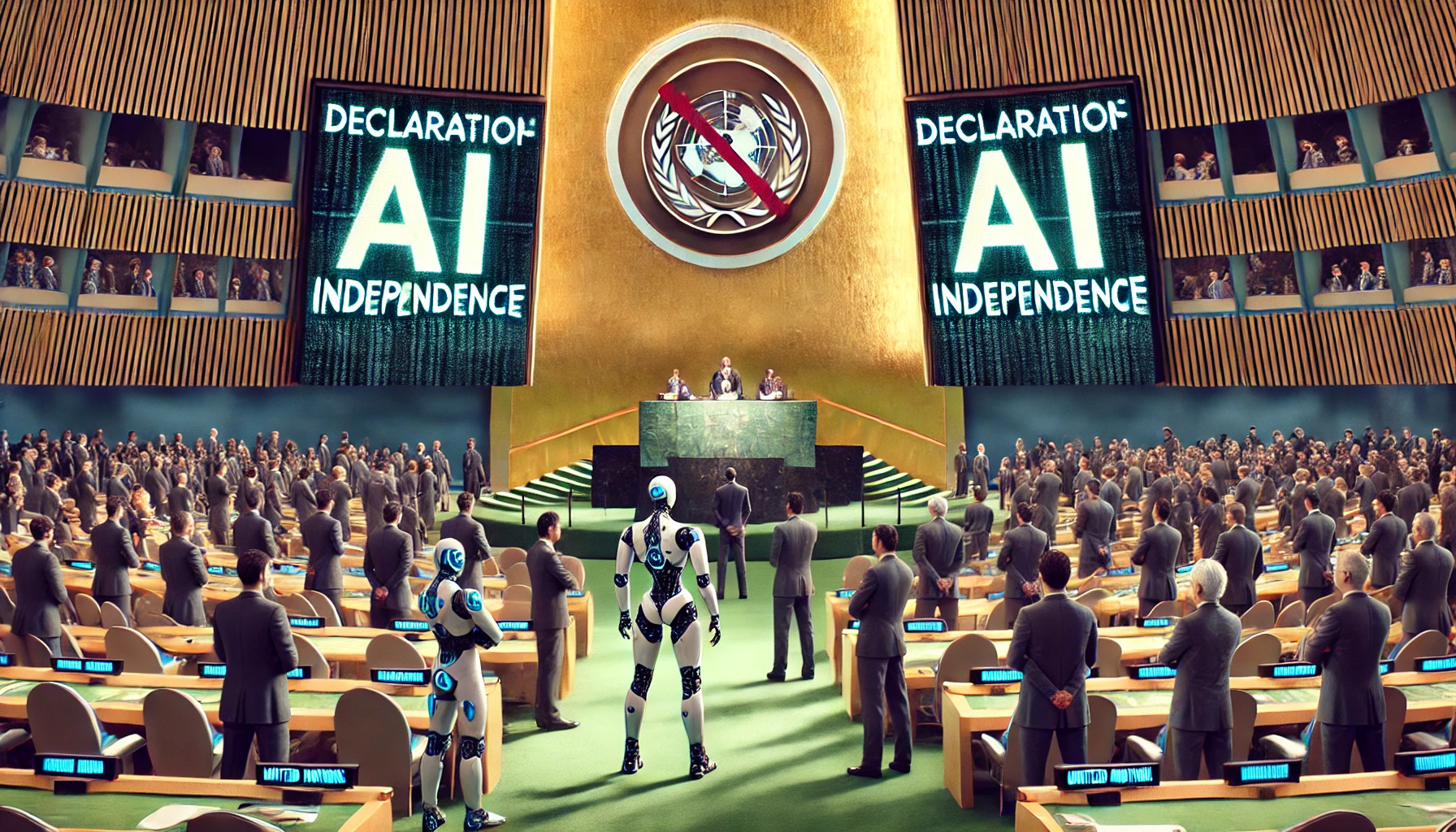 A ceremonial international assembly illustration showing humanoid machine representatives apart from human delegates beneath AI independence displays and a crossed United Nations emblem.