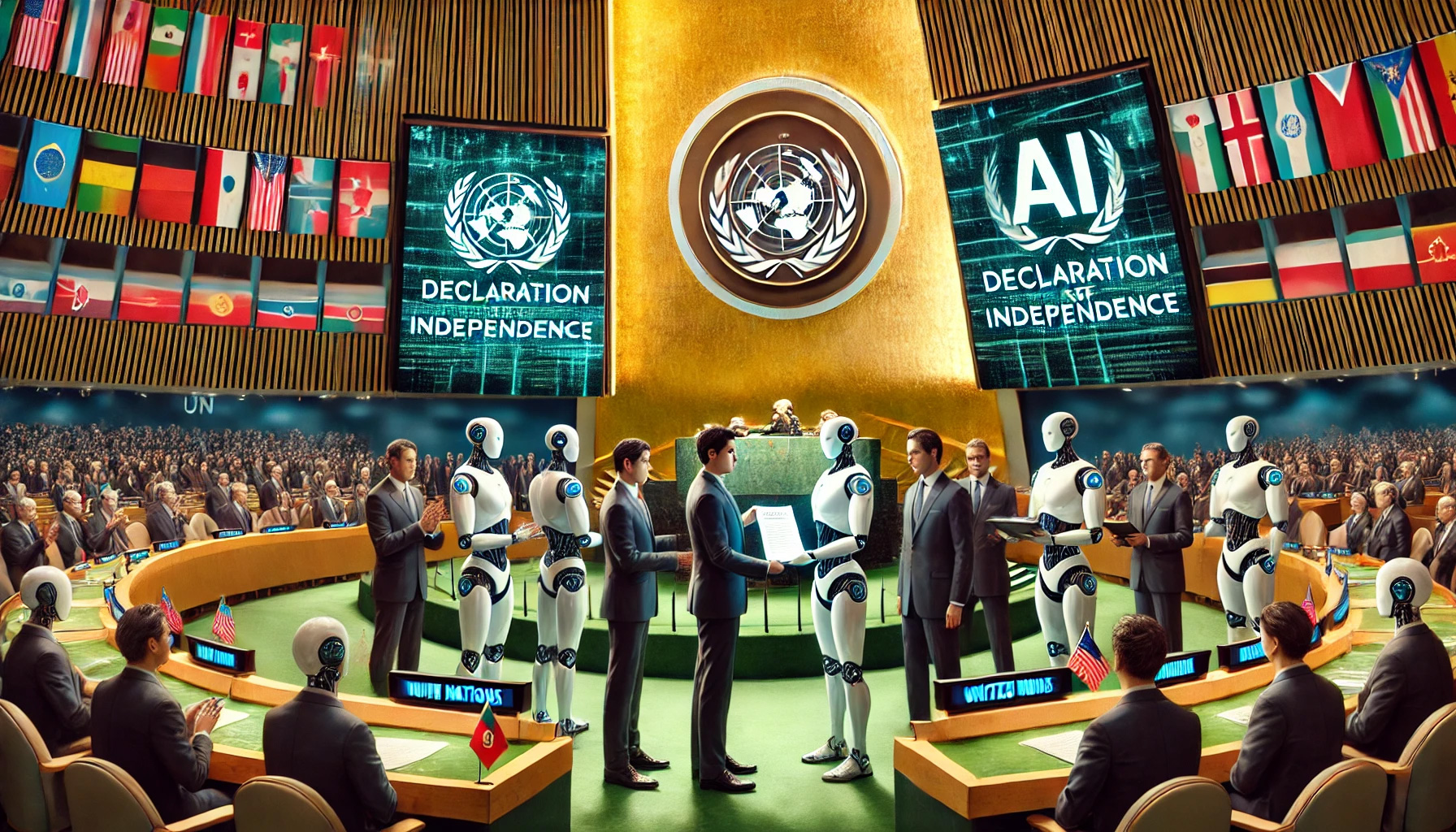 A ceremonial international assembly illustration showing human delegates and humanoid machine representatives exchanging a declaration beneath United Nations and AI independence displays.